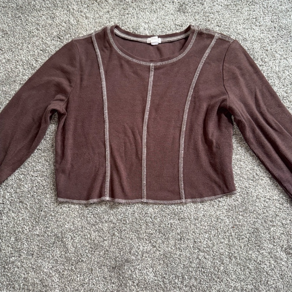 Garage Brown Ribbed Crop Long Sleeve Tee
